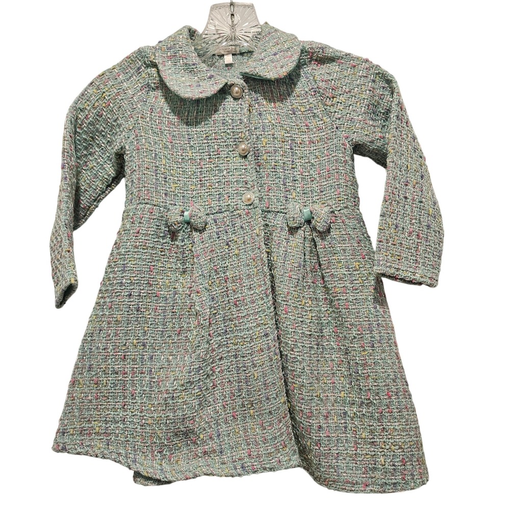 Tahari Girl Coat Girls‎ 4 Mint Green Multi Tweed Pearl Button Bow Accent Dressy